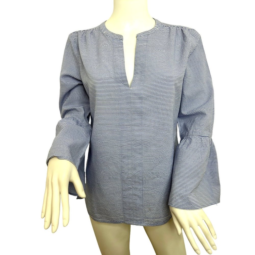 Ann Taylor Women’s Blouse Blue S Long Bell Sleeves Horizontal Mini Stripe Cotton